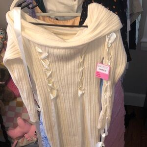 Cream Ribbed Sweater Dress with Ribbon Detail